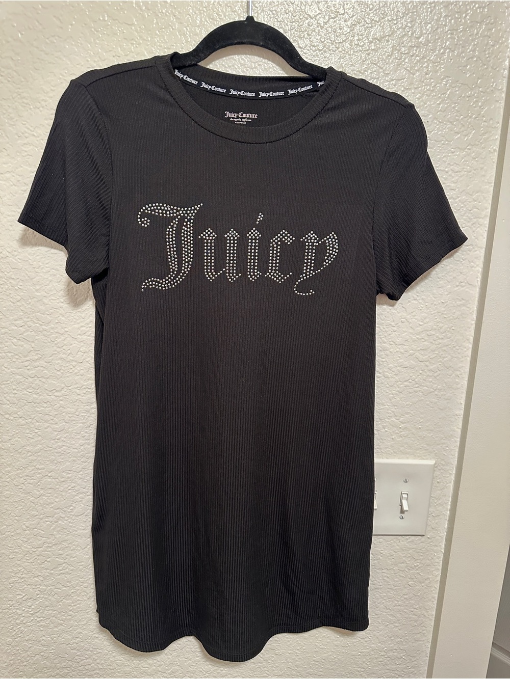 Juicy Couture Bling Ribbed T-Shirt Dress Black Rhinestone Logo Sleepwear Dress S